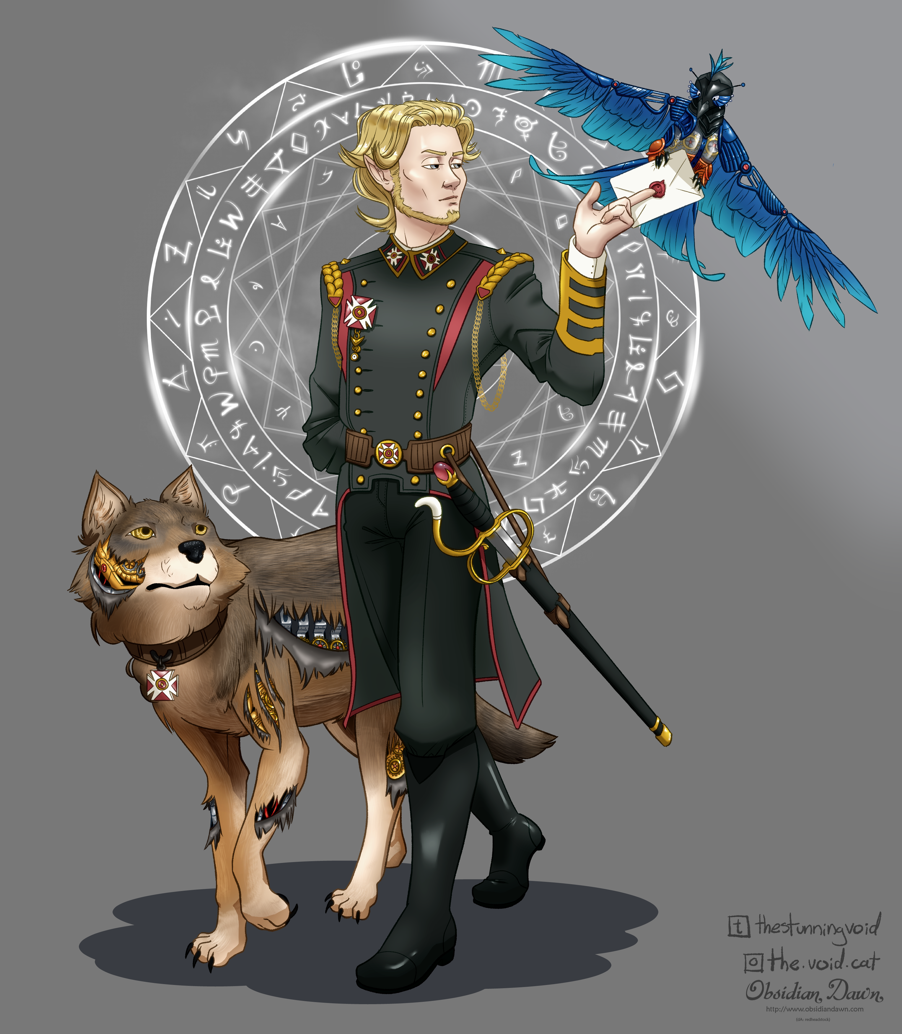 A drawing of Walter, a half-elf with pale skin, gray eyes, short blond hair, and a small beard. He's wearing a gray military uniform with gold and red accents, and there's a rapier at his side in a black leather scabbard. He's walking side-by-side with a mechanical wolf companion. The wolf's fur is torn in places, revealing the machinery underneath. Both Walter and his wolf are looking at a bright blue mechanical bird that Walter is handing a sealed letter to. There is a white arcane circle decoration behind them.