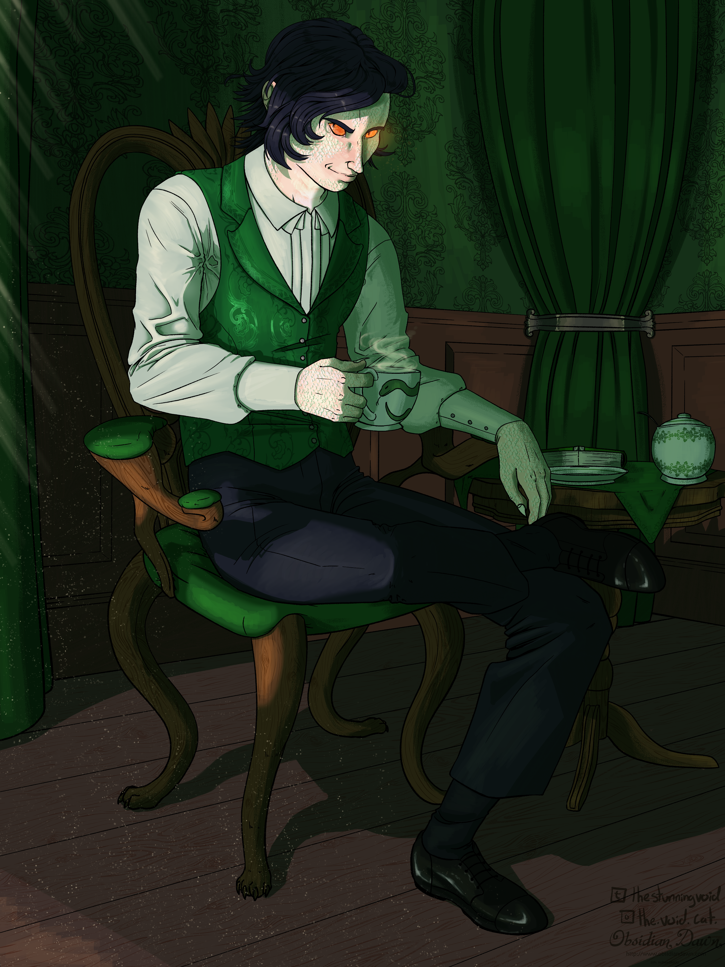 A drawing of Kasiir, a Yuan-ti with white, glimmering scales, pale skin, and black hair. He has orange eyes with slit pupils. He's wearing a green vest with leafy patterning, a white dress shirt, and black dress pants with shiny black leather shoes. In one hand, he holds a staming cup of tea. The cup has a small snake design on it. Kasiir is sitting in a curvy wooden chair with a green seat cushion, and on a small decorative table next to him, there is a tea plate, a bowl of sugar, and a book. The room he's sitting in is mostly dark with thick green curtains, green patterned wallpaper, and dark wooden baseboarding all around. There is a light source shining somewhere out of frame, and it catches Kasiir at a sharp angle, accentuating his face and torso. He's smiling sinisterly.