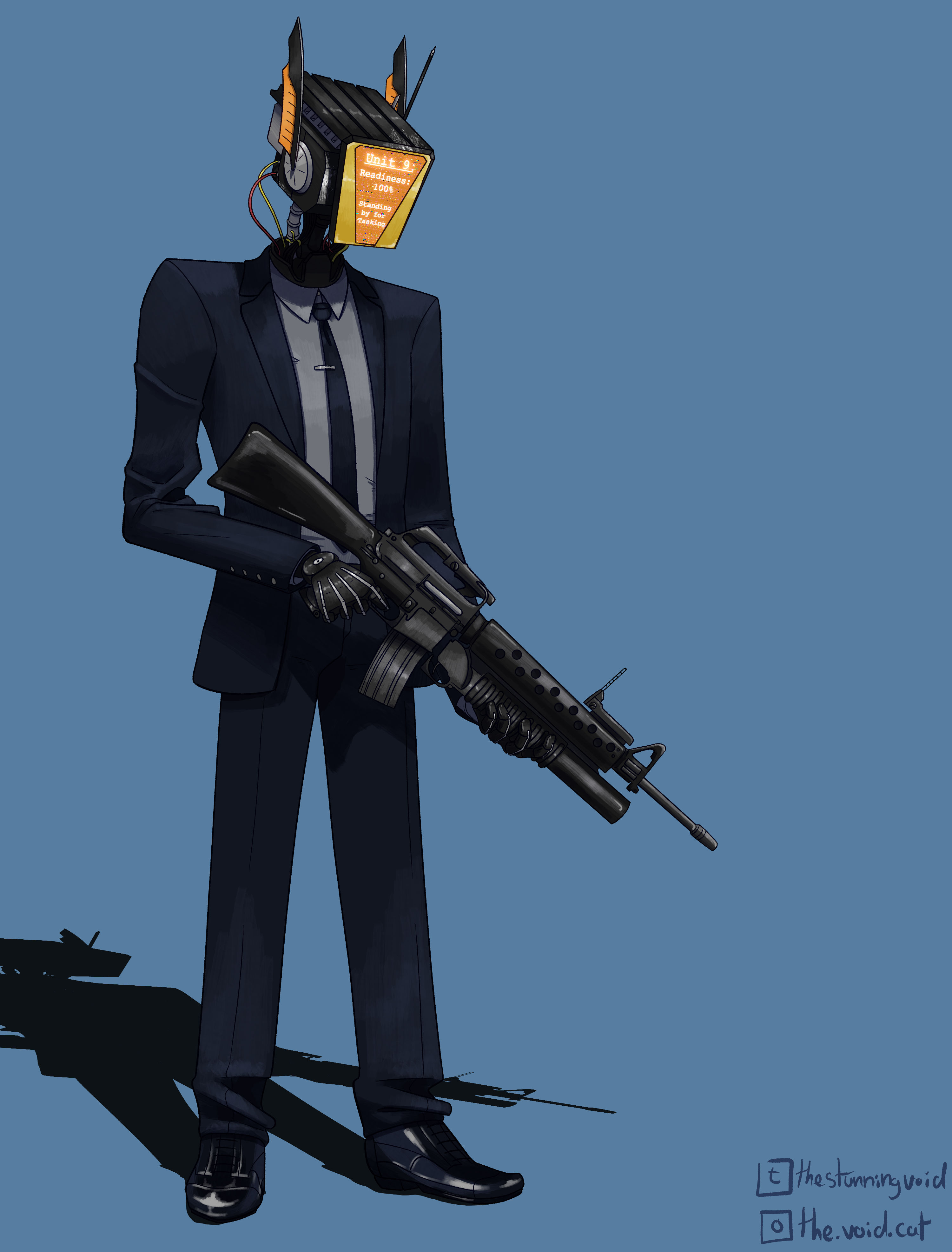 A drawing of Unit 9, a black android with a boxy head and flat face that has an orange triangular screen in the center. Two tilted antennae with orange accents point from either side of his head, and the screen on his face reads: Unit 9:, Readiness: 100%, Standing by for Tasking. He's wearing a solid black business suit and tie with a silver shirt underneath, and he's holding a black automatic rifle with both hands.