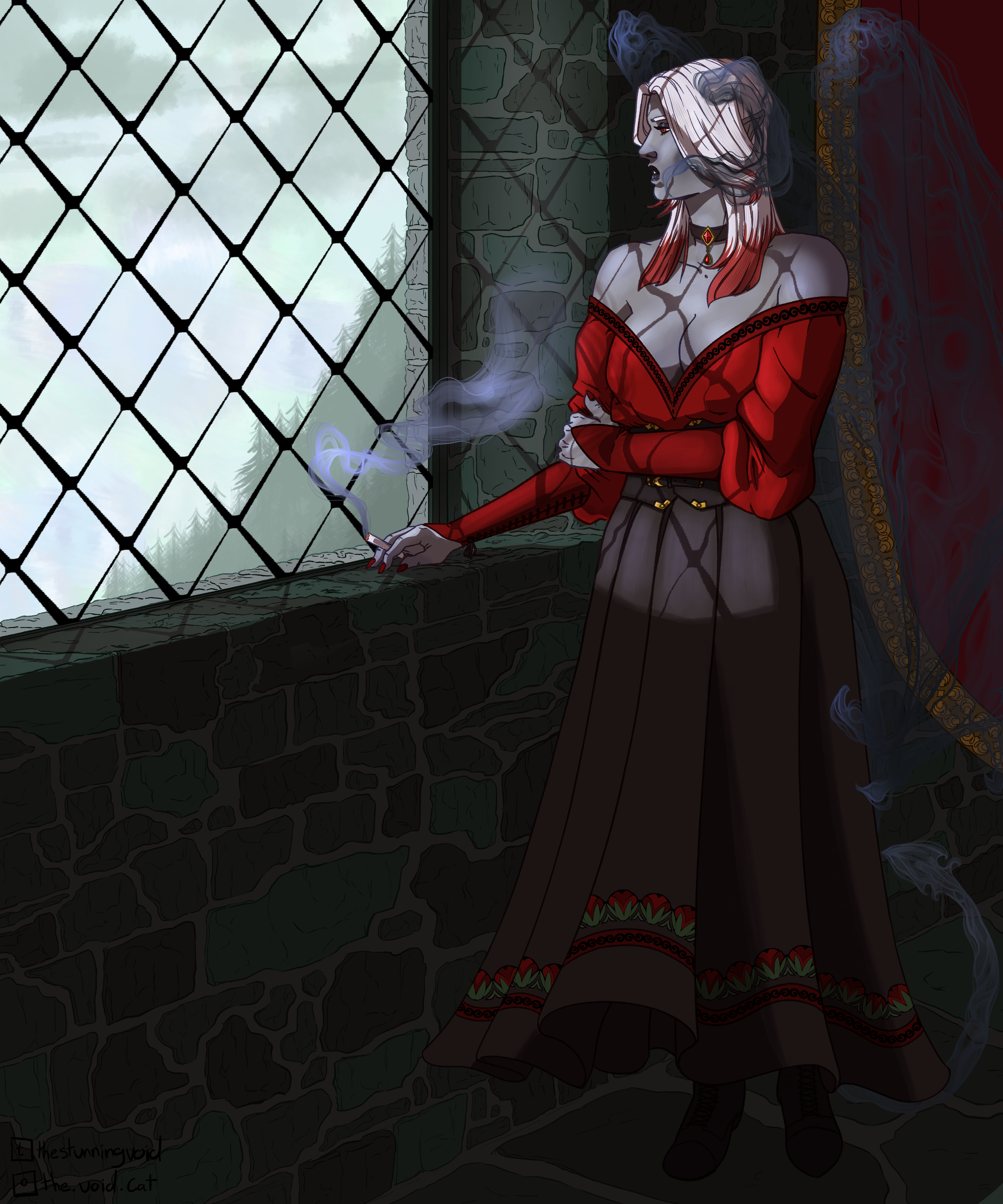 A drawing of Lady Fyress Rosmundi, a succubus with light-gray skin and white hair that fades to red at the tips. She's standing by a window with small, diamond paneling in a dilapidated castle, looking outside and smoking. Her horns, wings, and tail are all made of dark-gray smoke and appear translucent and wispy. She's wearing a red top with billowy sleeves and a plunging neckline, and a long, black skirt with a rose pattern on the hem.