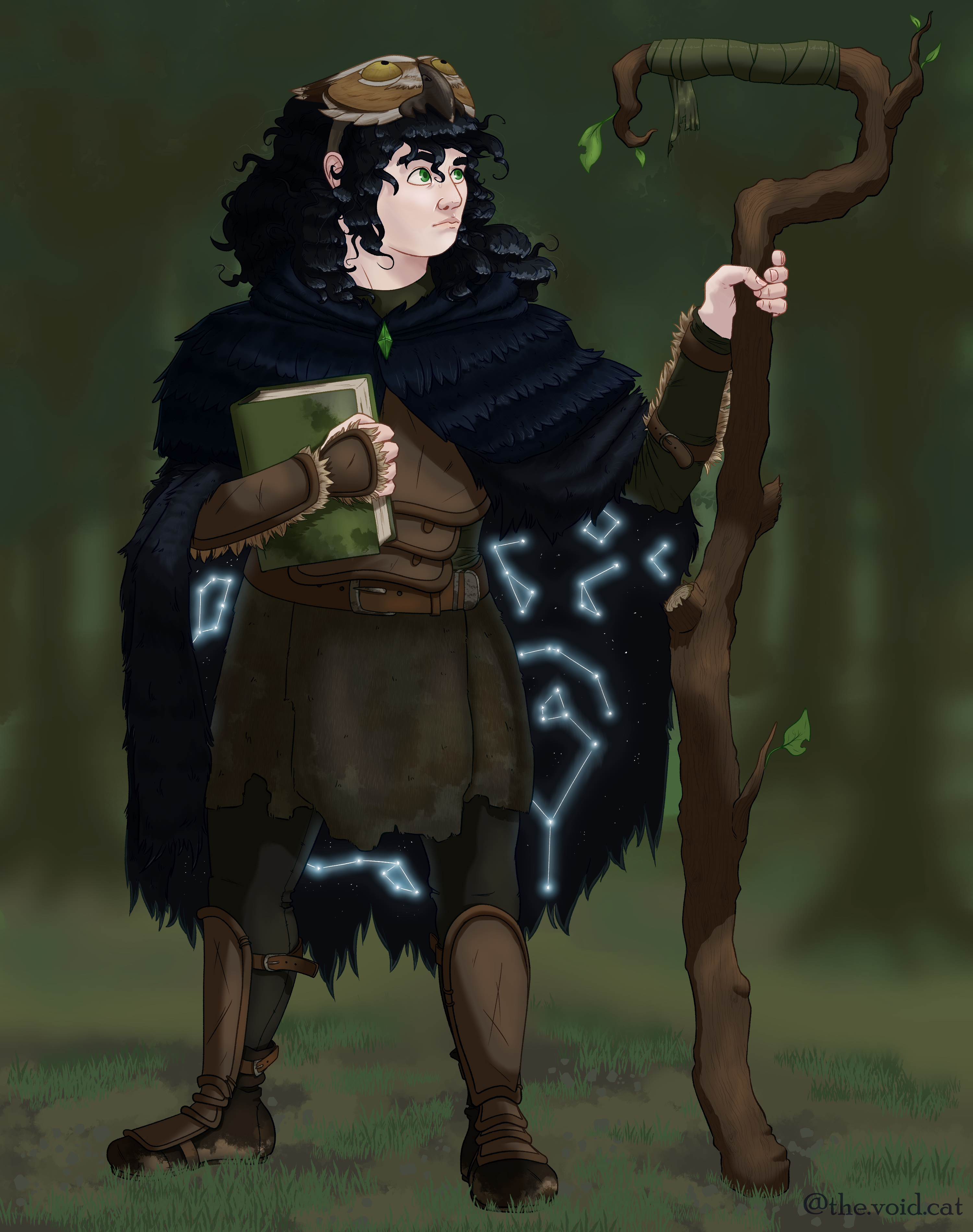 A drawing of Cub, a halfling with pale skin, wild black hair, and bright green eyes. They're wearing a mix of leather and fur armor, and they have a bulky cloak made of thick black fur and shiny black feathers. The inside of the cloak is dappled with glowing blue consteallations. On their head is a mask made to look like a great horned owl's face. They're holding a battered green book to their chest with their right hand. In their left, they hold a staff made from a tree branch with a cloth-wrapped landing perch made for a large bird at the top.