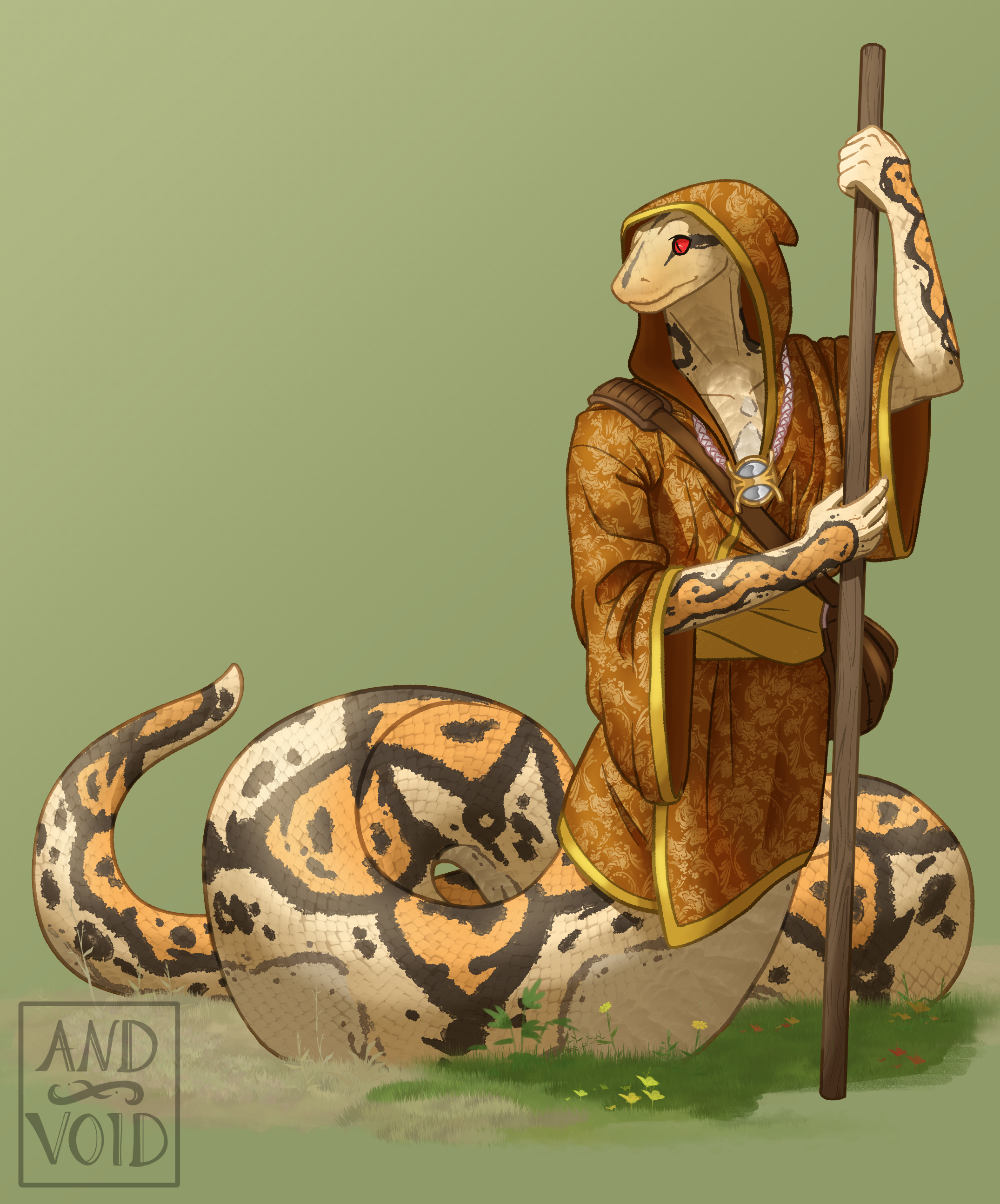 A drawing of Iszsata, a Yuan-Ti woman holding a tall wooden staff. She's wearing an orange robe with floral detailing and has orange, white, and black markings, almost like a calico cat.