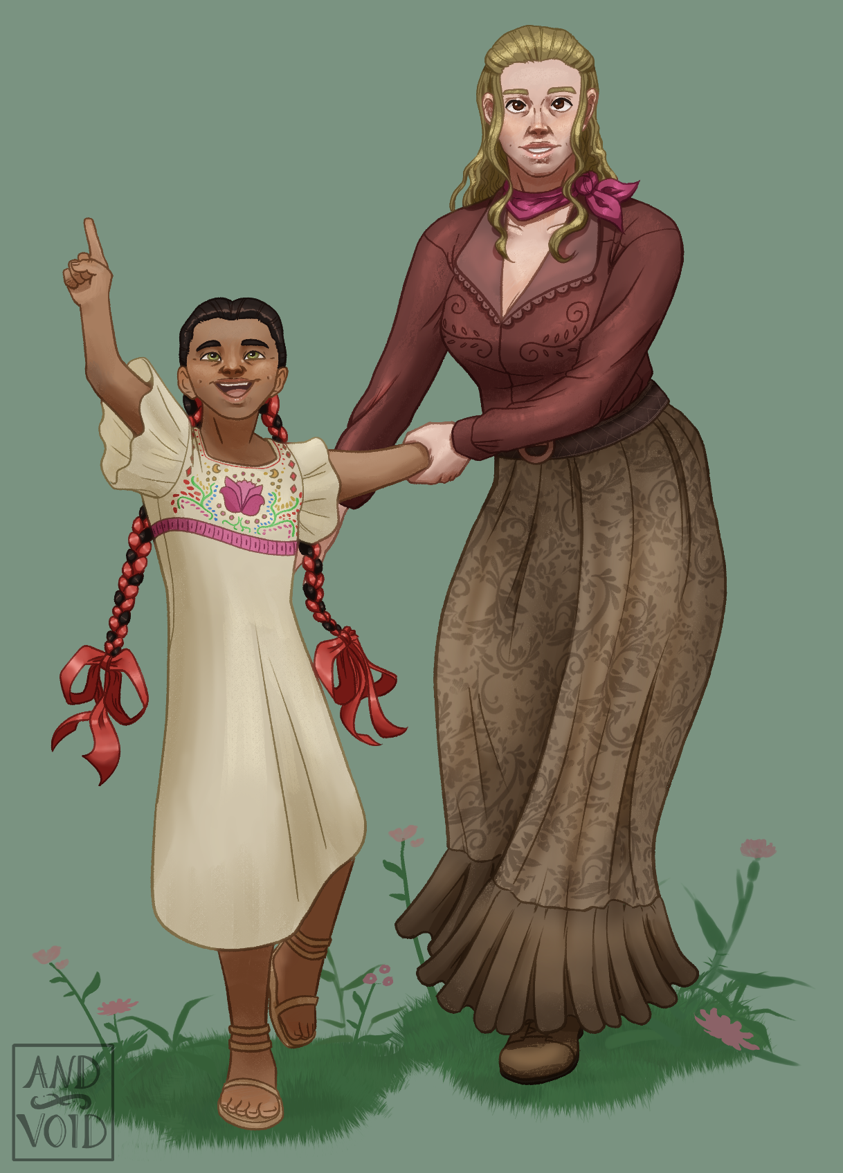 A drawing of Talia and Yeona, a human girl and her mother. Talia has brown skin and is wearing a cream colored dress with bright, multi-colored embrodiery around the chest. Yeona has pale skin and is wearing a dark red button-up shirt and an ankle-length brown skirt. Both are running toward the camera, Talia pulling her mother along and pointing to something offscreen.