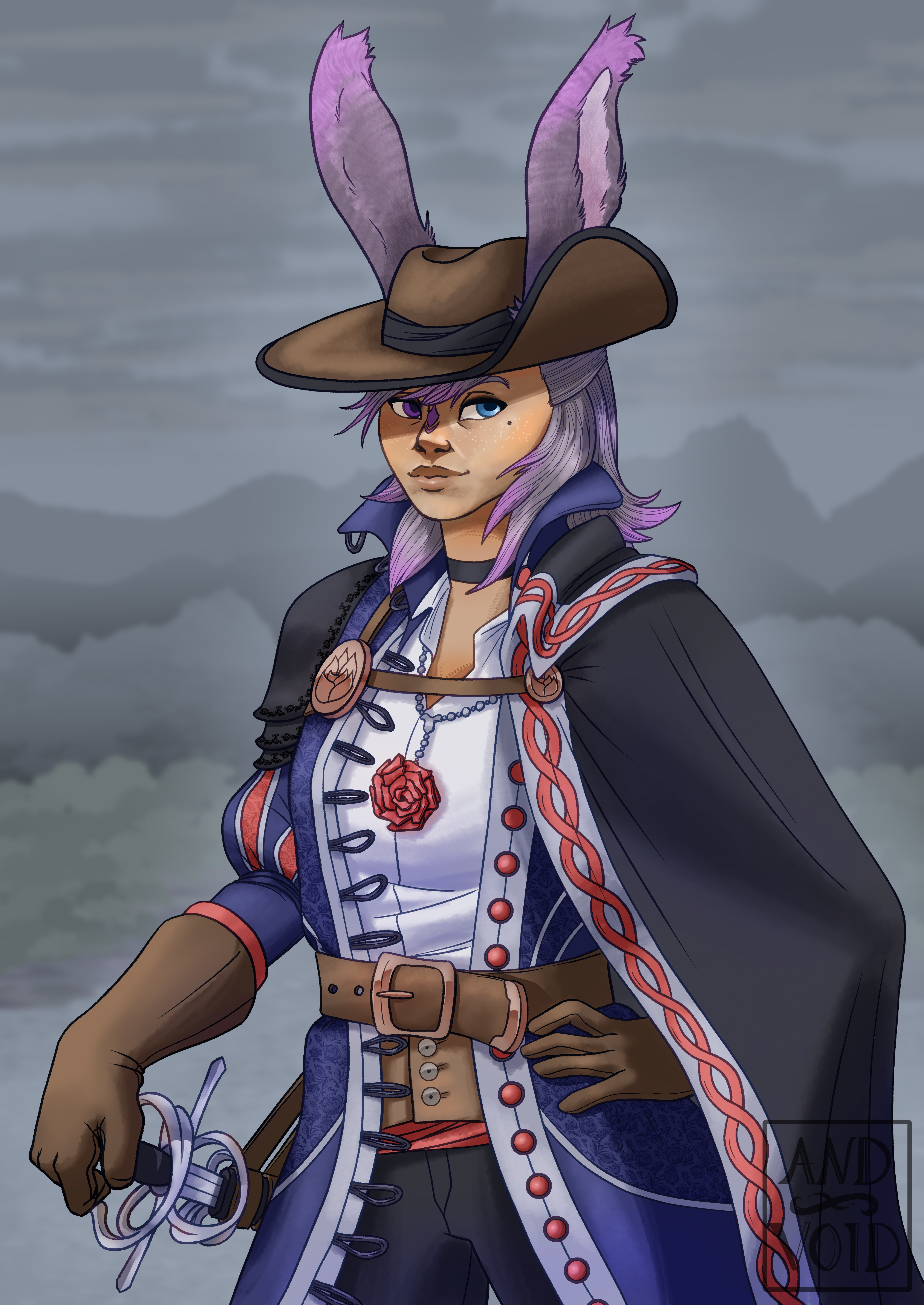 A drawing of Areni Verra, woman with large, pink and gray rabbit ears. She's wearing a pirate's outfit with a thick blue coat and a black cape draped over one shoulder. She rests her hand on a rapier at her side and looks to her left with a sly smile.