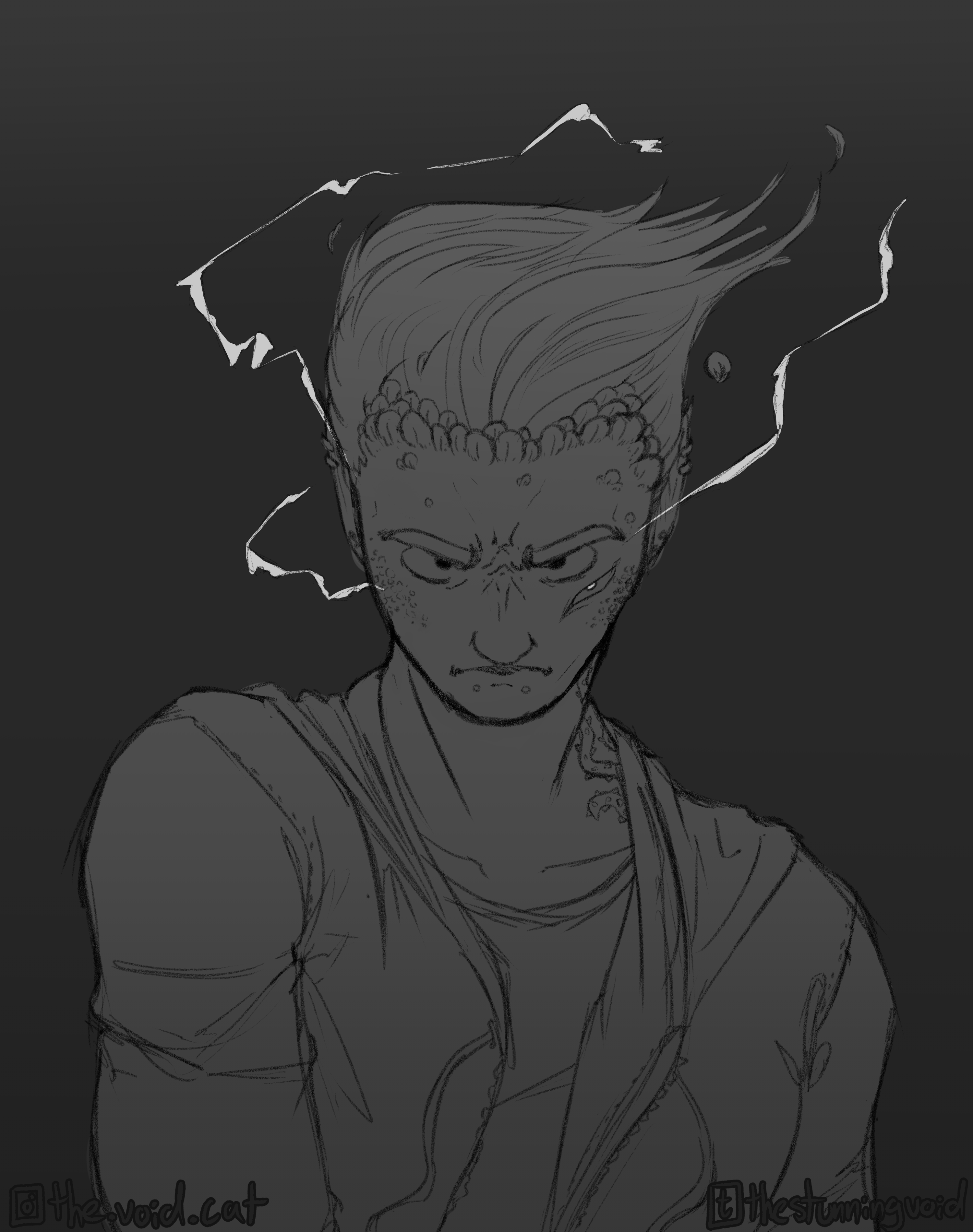 A monochrome sketch of Abraxus, partially transformed into a demon, from the shoulders up. He's wearing a simple t-shirt and hoodie. A tattoo of thorny vines is visible on the left side of his neck. His hair is blowing in the wind and his face is angled downward with a determined expression. He has studded snake-bite piercings beneath his lower lip and there is an extra, third eye beneath his left eye. Small, rounded feathers are growing from his hairline, and energy crackles around him.
