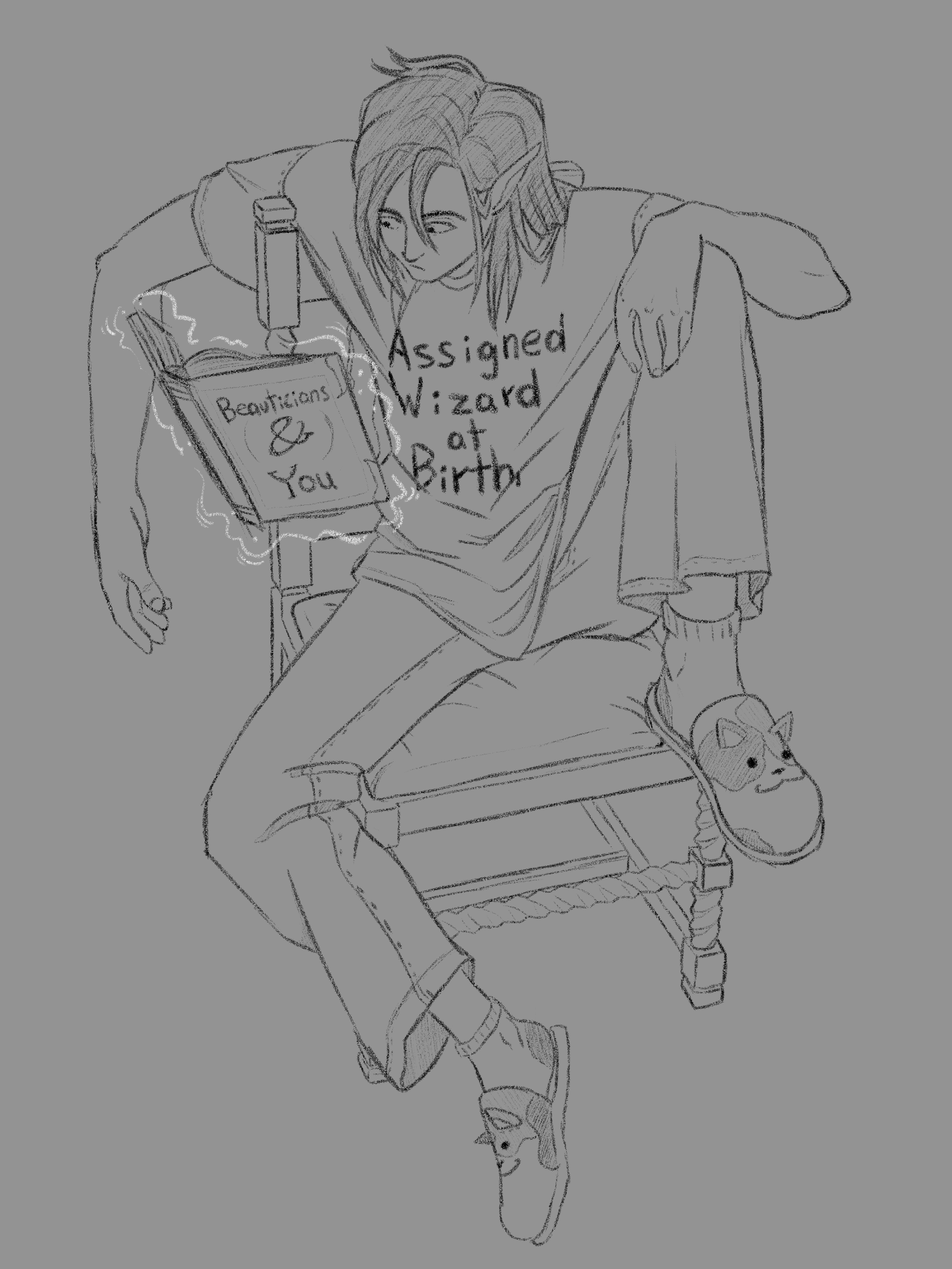 A monochrome sketch of Zelphar, an elf, sitting in a chair in an exaggerated pose. He's wearing a baggy shirt that says 'Assigned Wizard at Birth,' pajama pants, and calico cat slippers. He's reading a book magically levitating in front of him titled, 'Beauticians & You.'