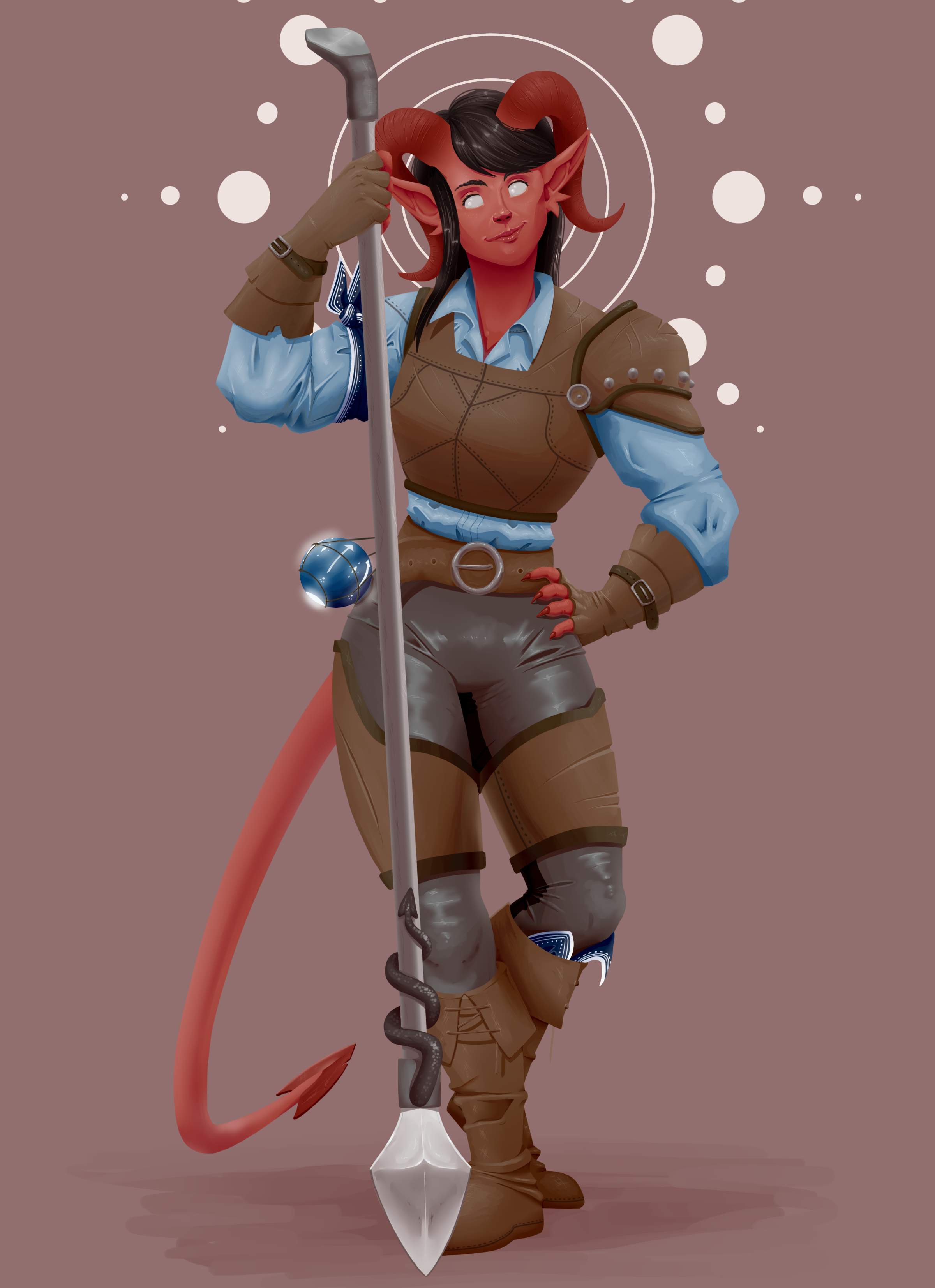 A painting of Mardoris, a red tiefling (demon person), in a jaunty pose with their hand on their hip. They have long black hair and silver eyes, and their horns curl around their ears like a ram's. They're wearing light brown leather armor and boots with a blue shirt and gray ppants. They're hollding a spear with its head planted into the earth. Beneath the spear's head, there is a small, metal decoration of a demon's tail wrapped around the haft, and there is a crowbar's prying tool at the butt of the spear.