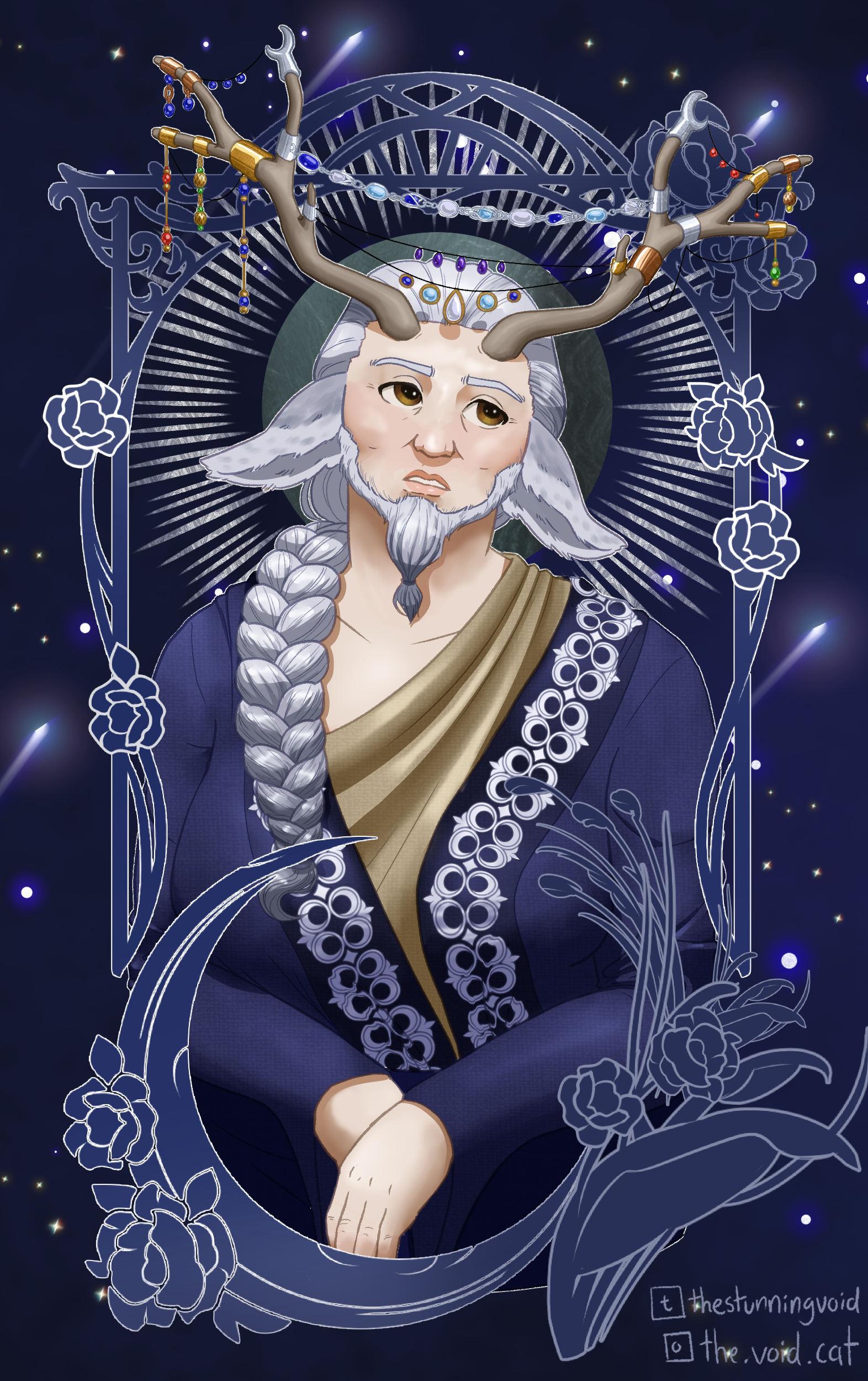 A waist up-drawing of Neoma, a satyr woman in loose-fitting, navy-blue robes. She has pale skin and long, light-gray hair which is tied into a single braid that falls over her shoulder. She also has a beard which is short around her jaw but long at her chin, where it's tied into a bulb shape. Her ears are deer-like and the same gray as her hair, and she has antlers growing from her forehead that are decorated with gemstones and chains. Her hands are folded over her stomach and she looks to the sky, saintly. A decorative frame with moon and flower motifs boxes her in.