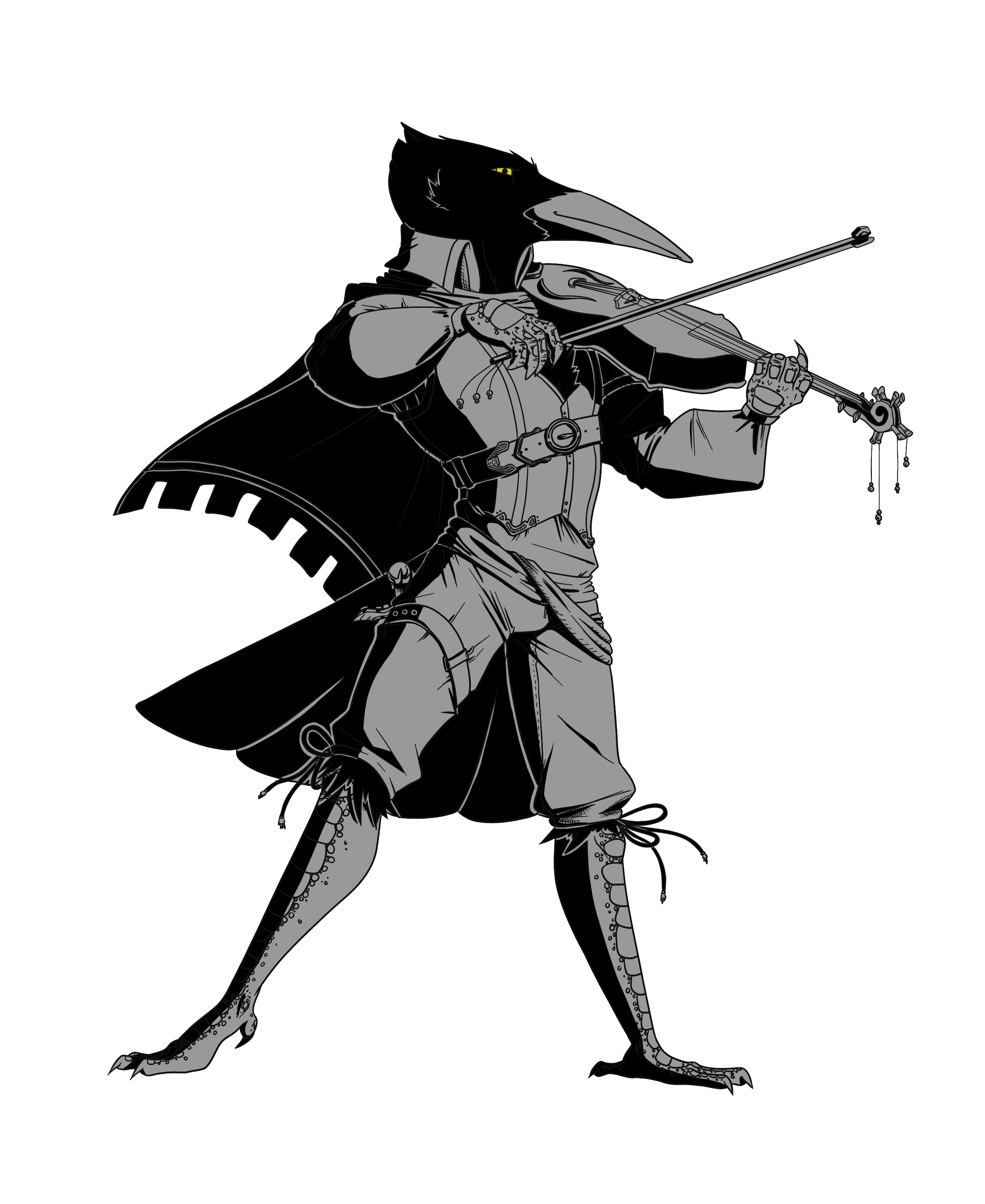 A monochrome drawing of Neb, a Kenku (crow person). They're wearing a short cape and playing a violin.
