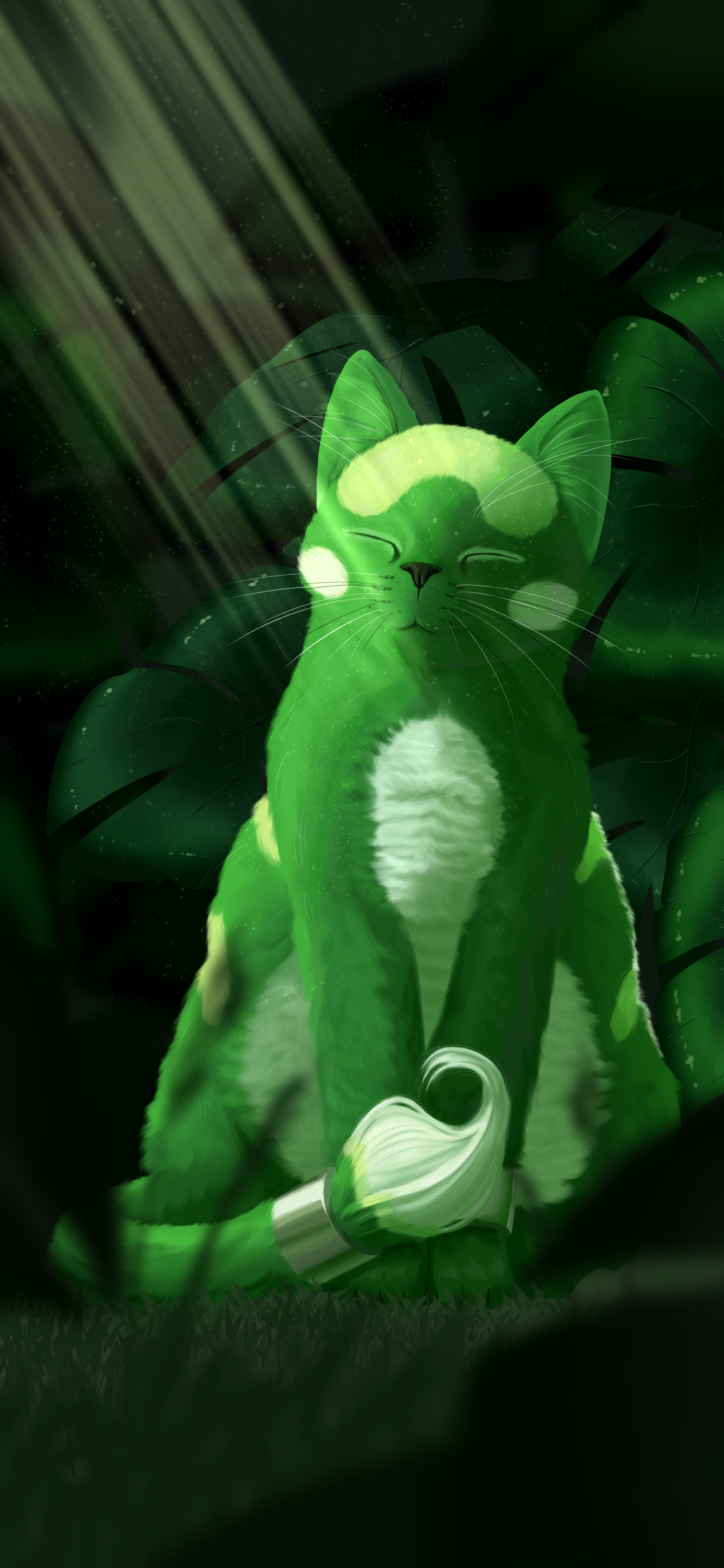A painting of Orchynx from the video game Pokemon Uranium. He's a bright green cat with a white belly and closed eyes, and there are thick metal bands wrapped around his tail and front left paw. He's sitting in a lush green forest, and there are monstera leaves visible behind him.