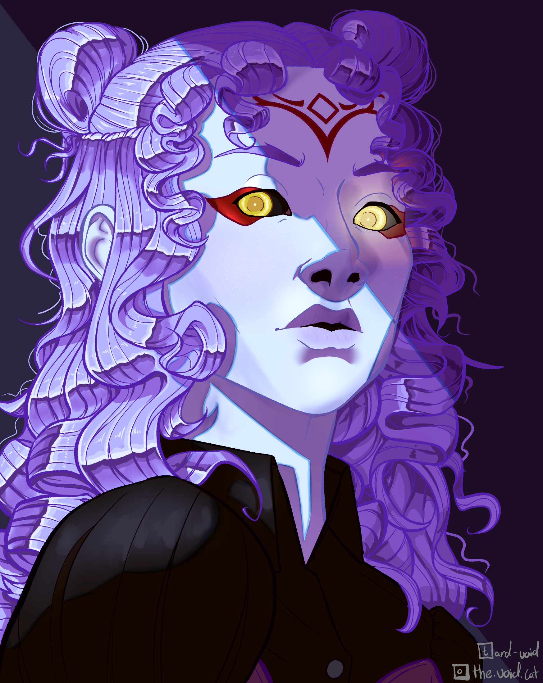 A shoulders-up portrait of Sioban, a fortune teller. Her skin is almost sheet white and she has long, curly, purple hair, which is down on the sides and tied into space buns on top. Her eyes are glowing yellow and she stares menacingly into the camera, half of her face cast in shadow. There is a symmetrical, red sigil on her forehead and she's wearing red eye makeup. She's wearing a black blouse and purple corset over it.