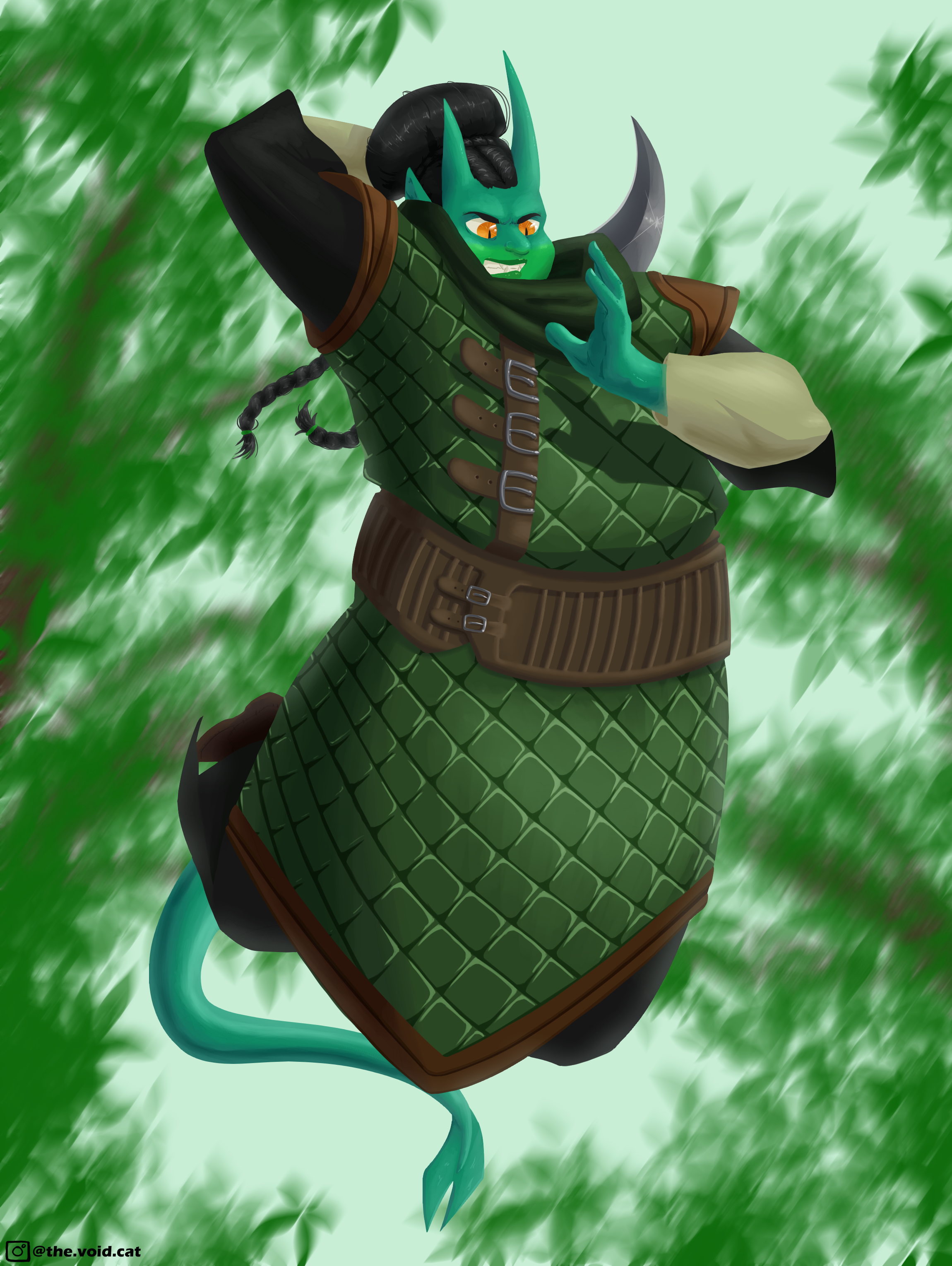 A painting of Diligence, a green tiefling (demon person) with asymmetrical horns, leaping through the air and brandishing a sickle. She has black hair tied into a bun with braids and orange eyes. She's wearing a knee-length green gambeson with a thick leather belt tied around it at the waist.