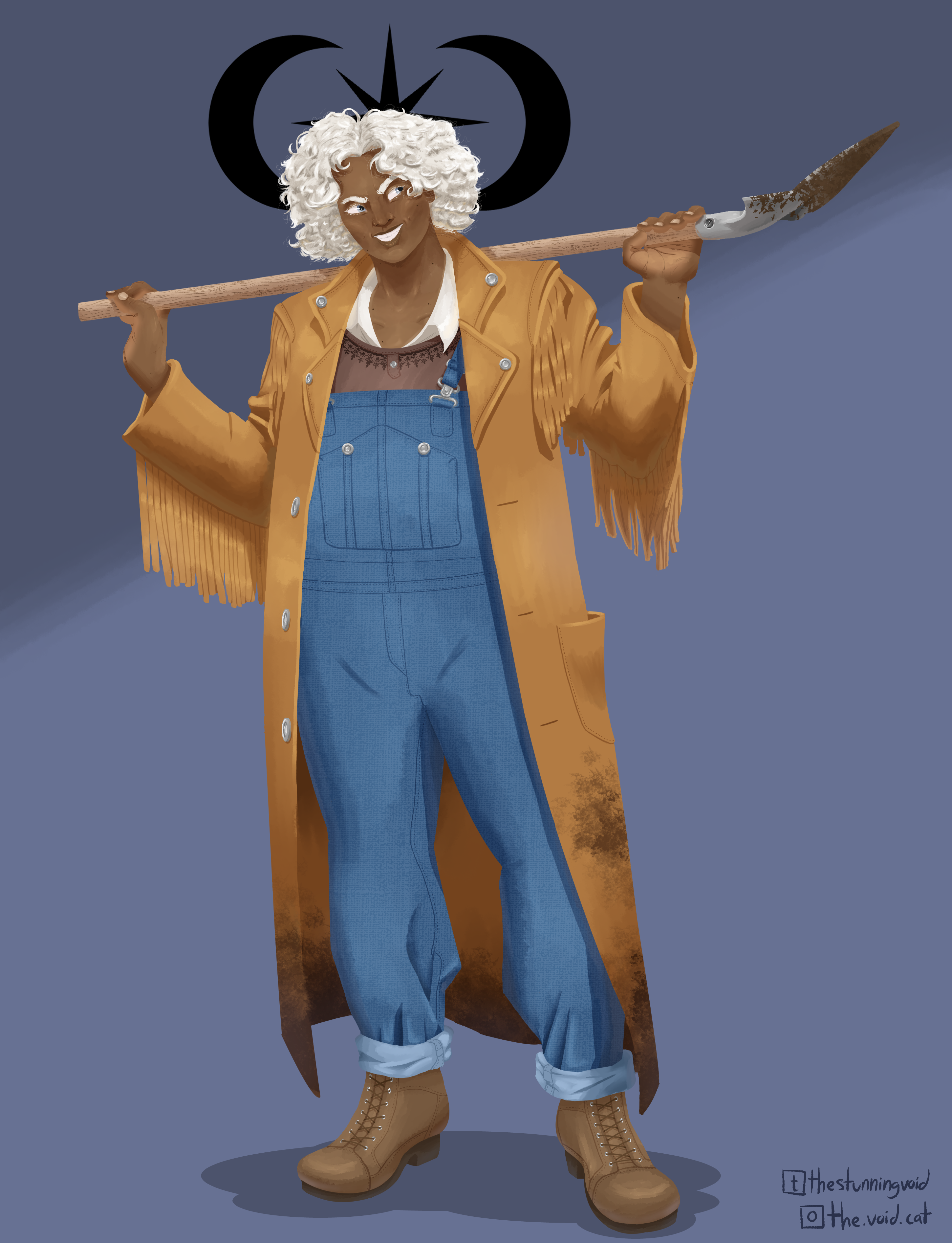 A painting of Mama, an older woman with brown skin and curly, white hair. She's standing with both her arms up, holding a dirty shovel across her shoulders. She's waring a long, orange duster with fringe on the arms and shoulders, and it's dirty at the bottom. Beneath it, she's wearing blue overalls and sturdy work boots. Behind her head, there's a black sigil in the shape of two crescent moons and a star. She's smiling deviously.