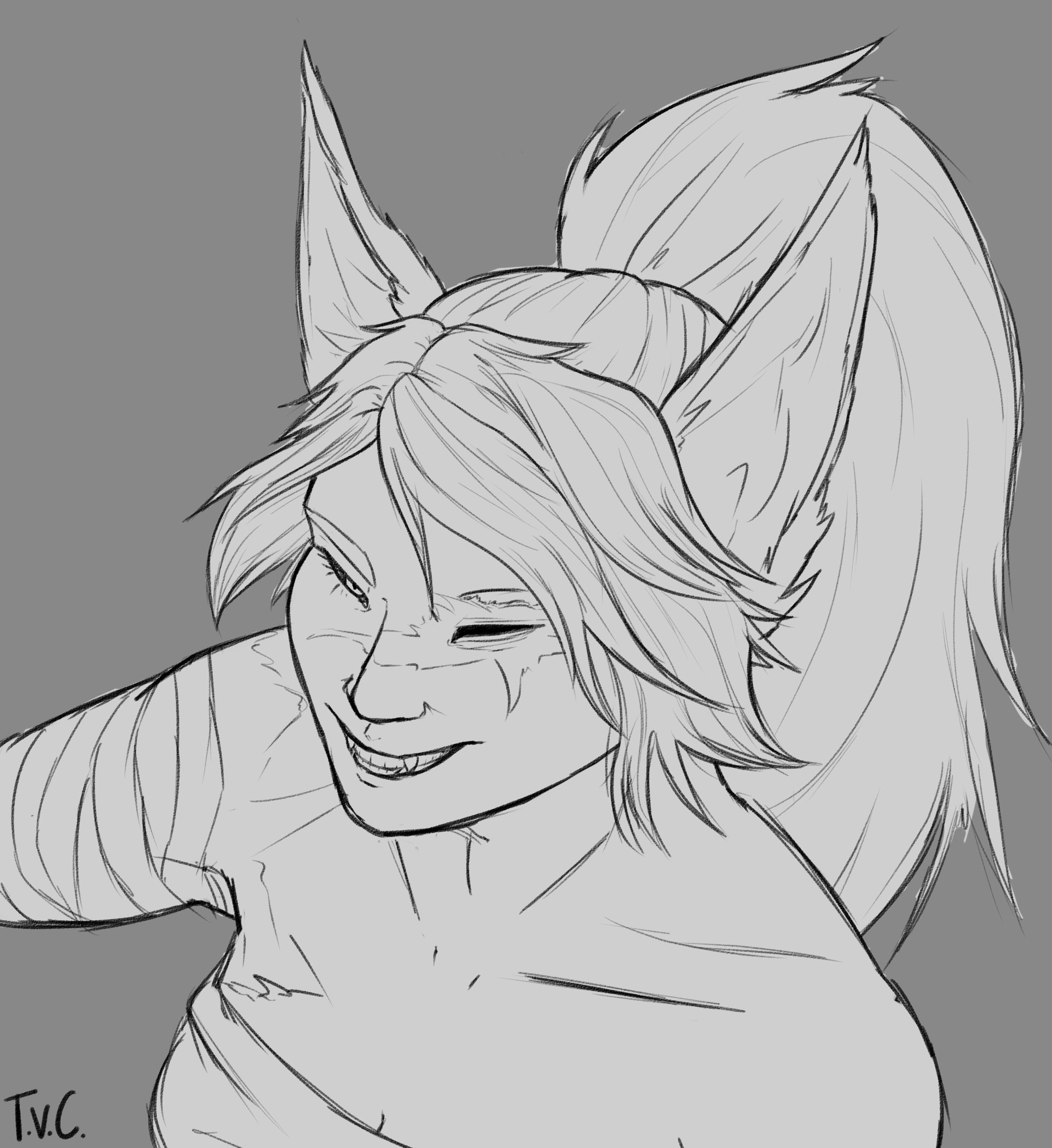 A monochrome sketch of Vixen, a one-armed kitsune, from her shoulders up. She has bandages wrapped around her arm stump and a burn scar across her left eye, which is missing. She has two large fox ears and her hair is in a ponytail.