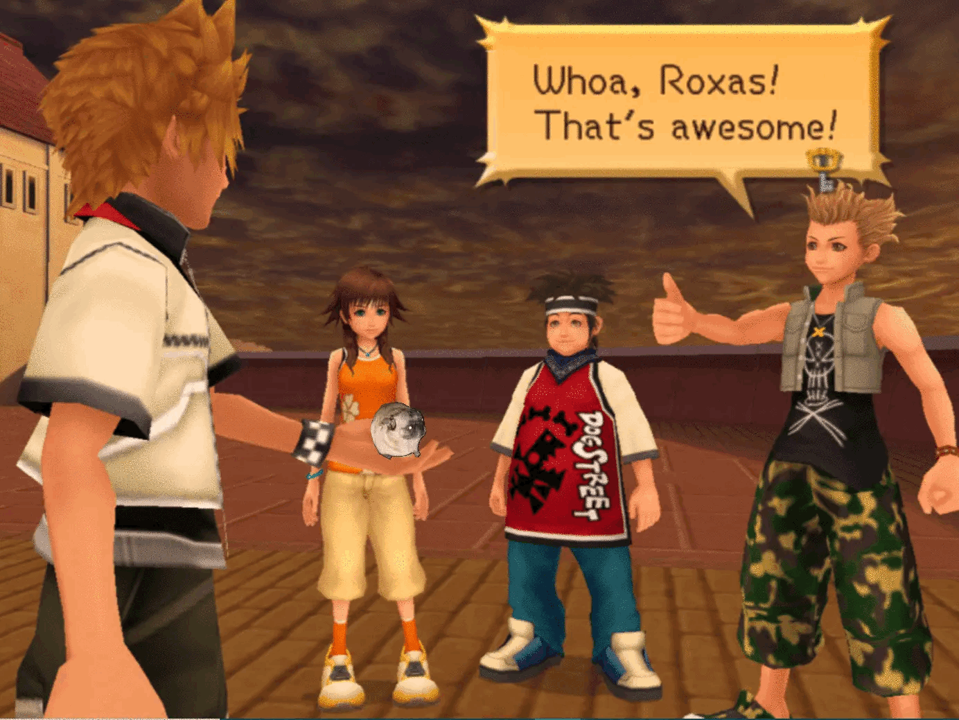 A gif of Roxas from Kingdom Hearts 2 standing with his friends. In his outstretched palm is a small pug dancing erratically. One of Roxas's friends says, 'Woah, Roxas! That's awesome!' and gives him a thumbs up.